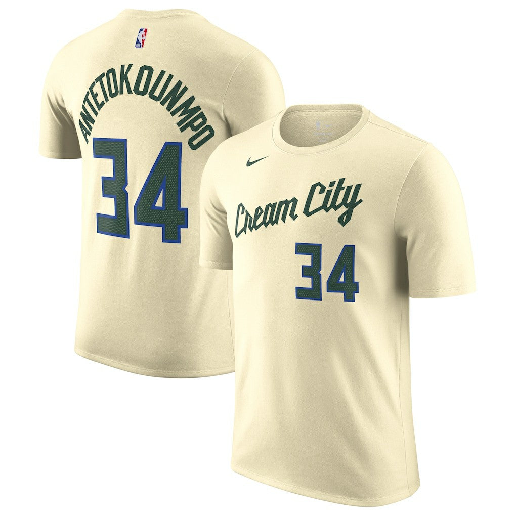 Giannis Antetokounmpo Milwaukee Bucks Unisex 2025/26 City Edition Name & Number T-Shirt - Cream for sale