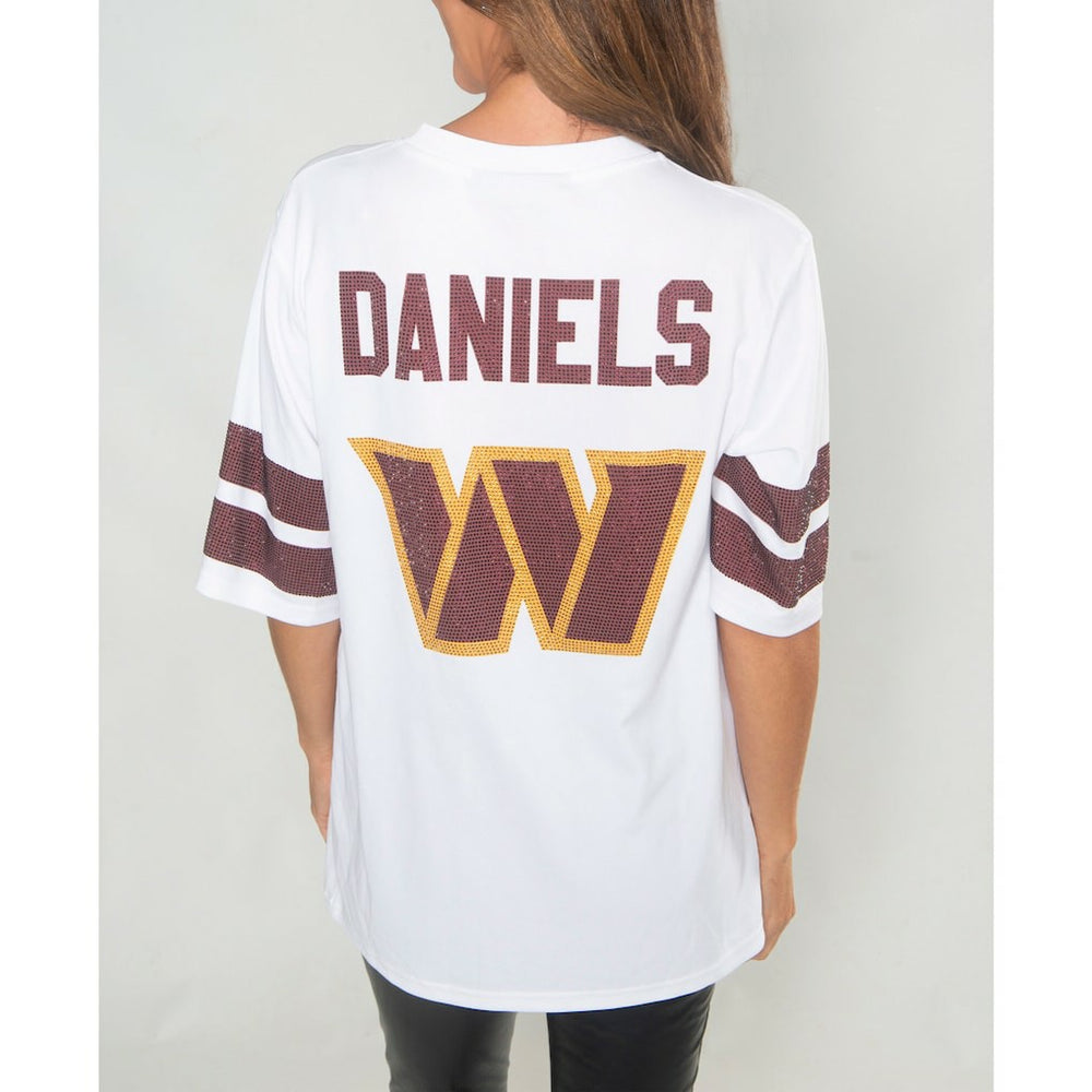 Jayden Daniels Washington Commanders Cuce Women's Crystal V-Neck Tunic - White sale