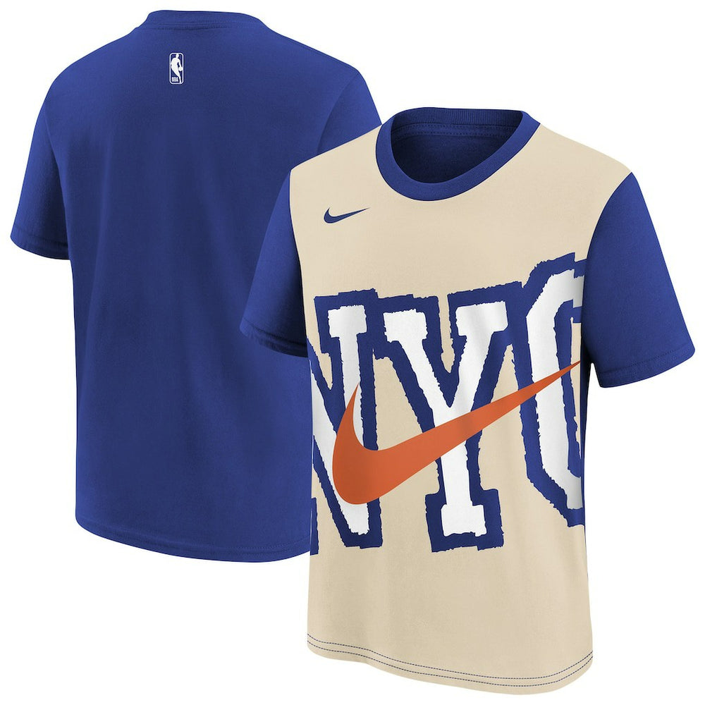 New York Knicks Youth 2025/26 City Edition Max90 T-Shirt - Light Beige/Blue discount