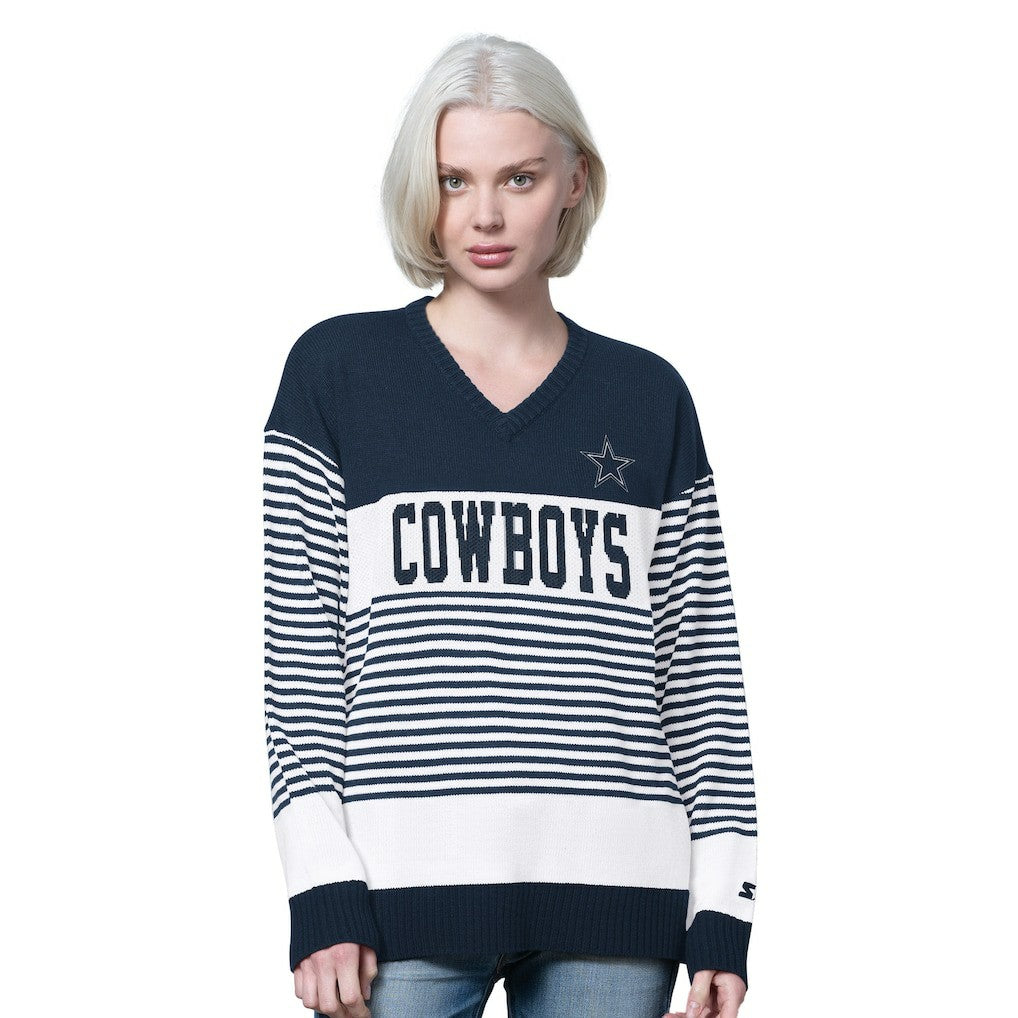 Dallas Cowboys Starter Women's No Huddle Striped V-Neck Sweater - Navy for sale