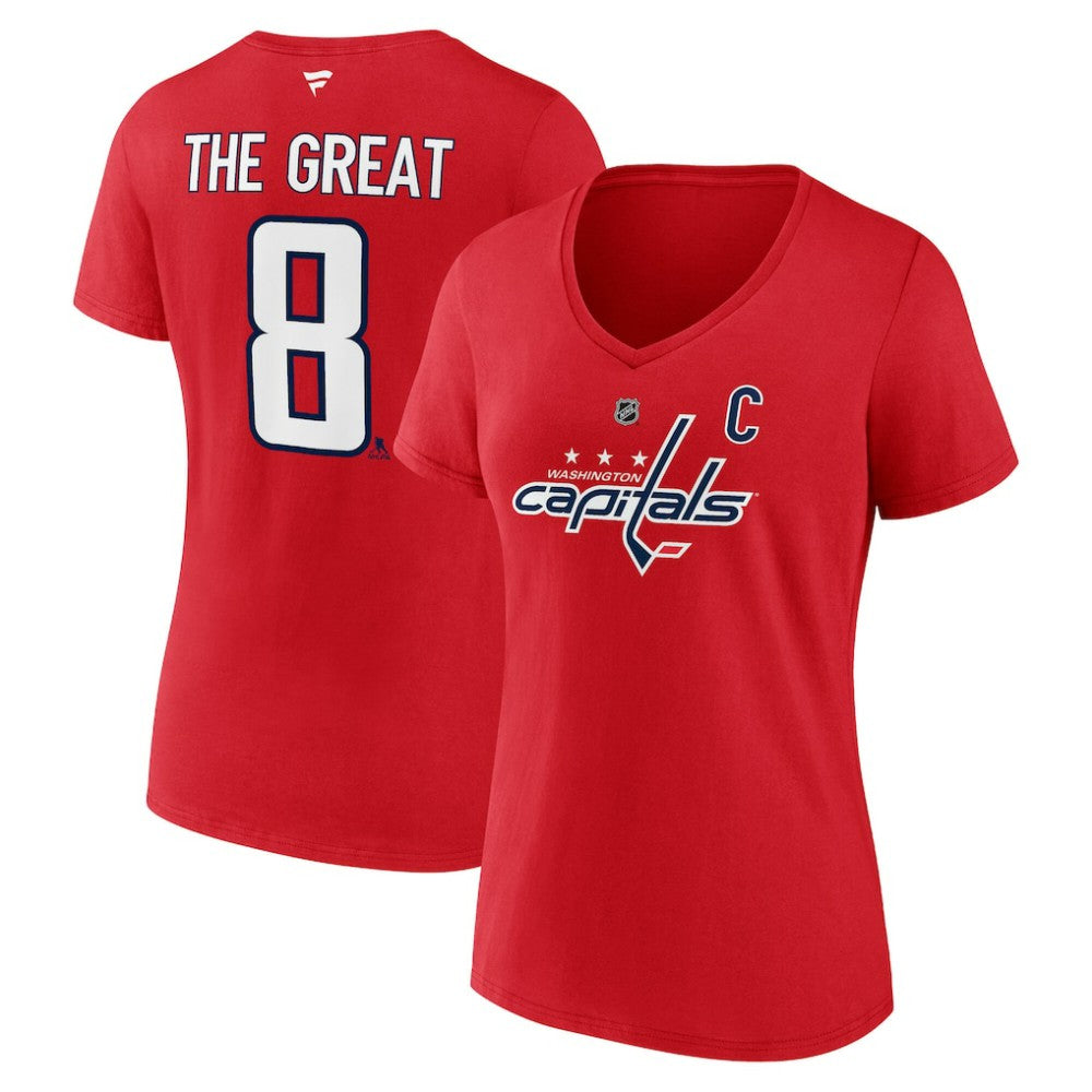 Alexander Ovechkin Washington Capitals Fanatics Women's NHL All-Time Leading Goal Scorer The Great 8 Name & Number V-Neck T-Shirt - Red T-shirts