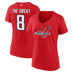 Alexander Ovechkin Washington Capitals Fanatics Women's NHL All-Time Leading Goal Scorer The Great 8 Name & Number V-Neck T-Shirt - Red T-shirts