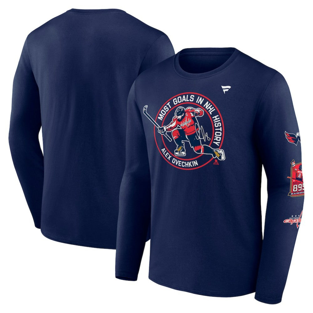 Alexander Ovechkin Washington Capitals Fanatics NHL All-Time Leading Goal Scorer Badges Long Sleeve T-Shirt - Athletic Navy T-shirts
