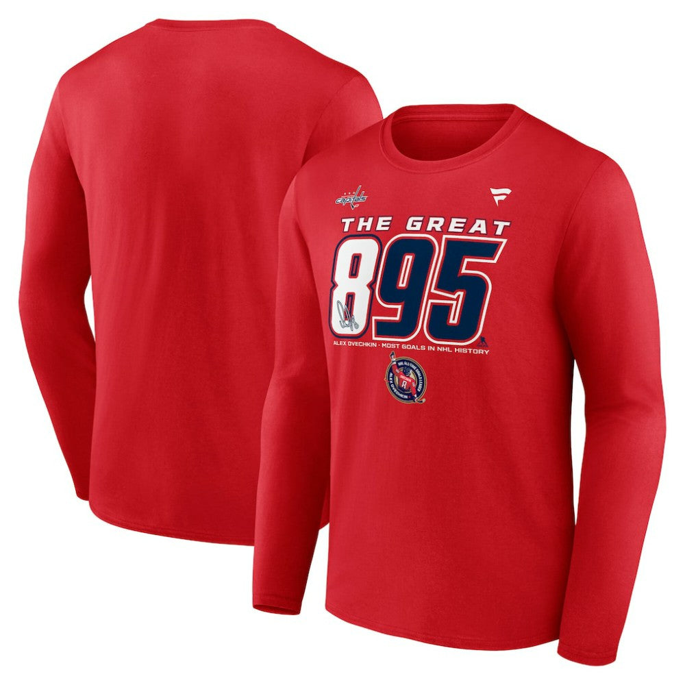 Alexander Ovechkin Washington Capitals Fanatics NHL All-Time Leading Goal Scorer The Great 895 Long Sleeve T-Shirt - Red T-shirts