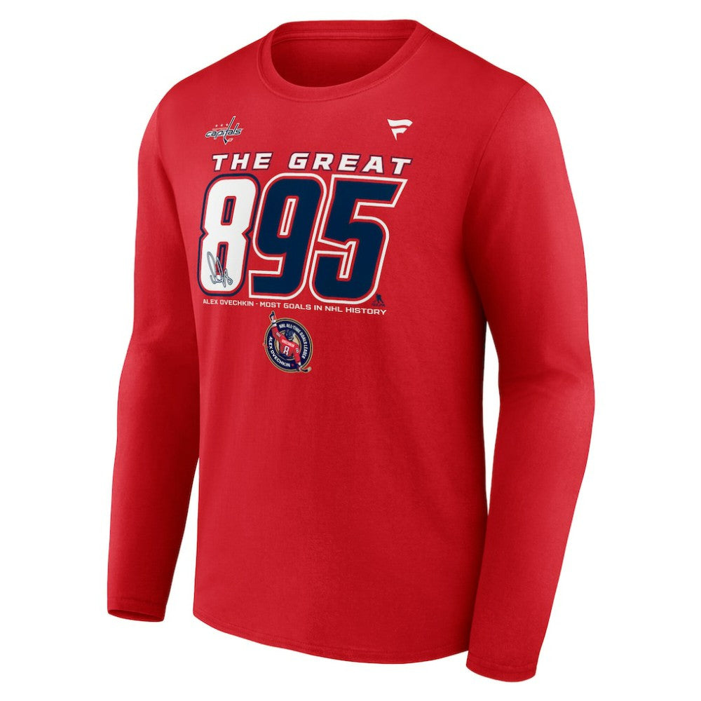 Alexander Ovechkin Washington Capitals Fanatics NHL All-Time Leading Goal Scorer The Great 895 Long Sleeve T-Shirt - Red T-shirts