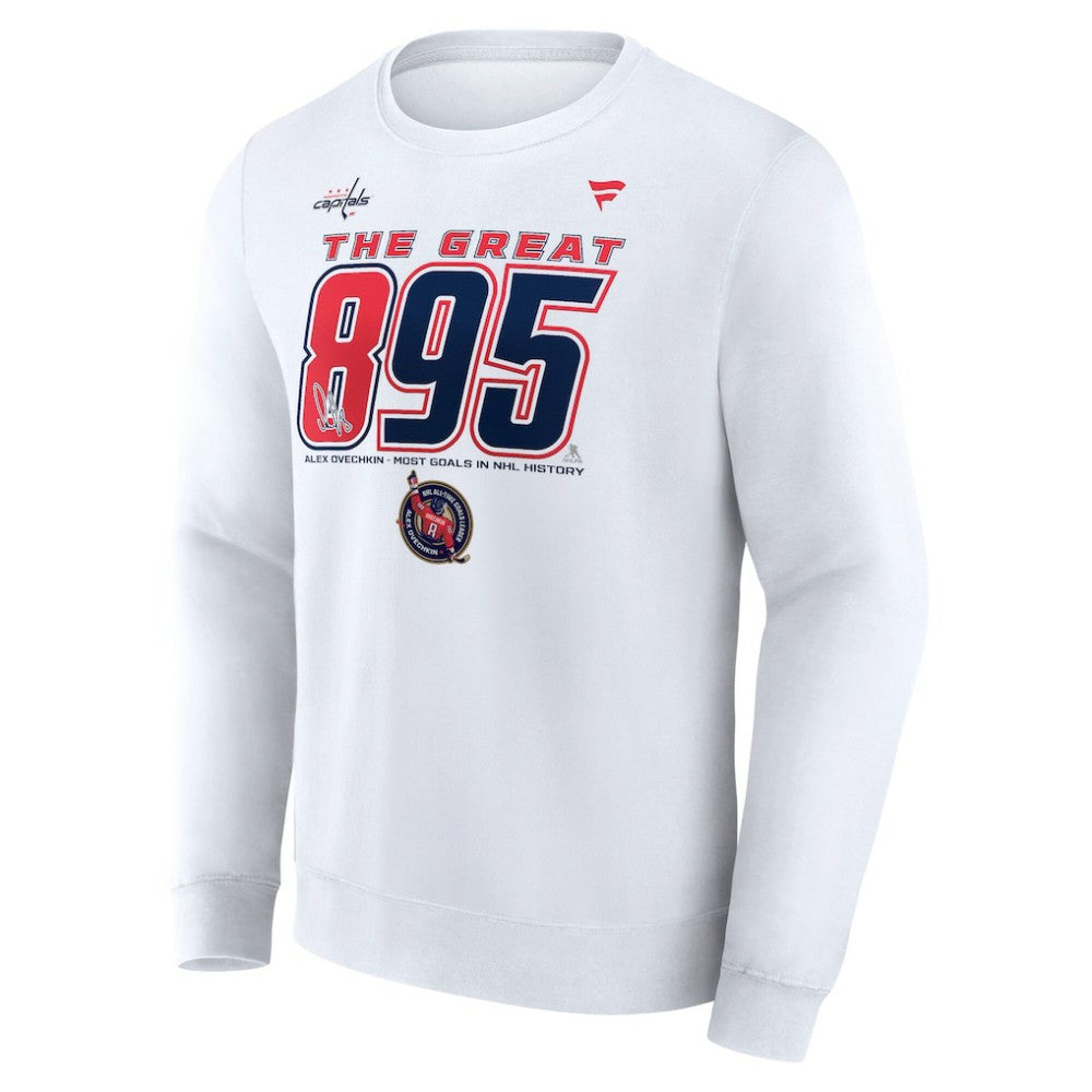 Alexander Ovechkin Washington Capitals Fanatics NHL All-Time Leading Goal Scorer The Great 895 Fleece Pullover Sweatshirt - White Sweatshirts