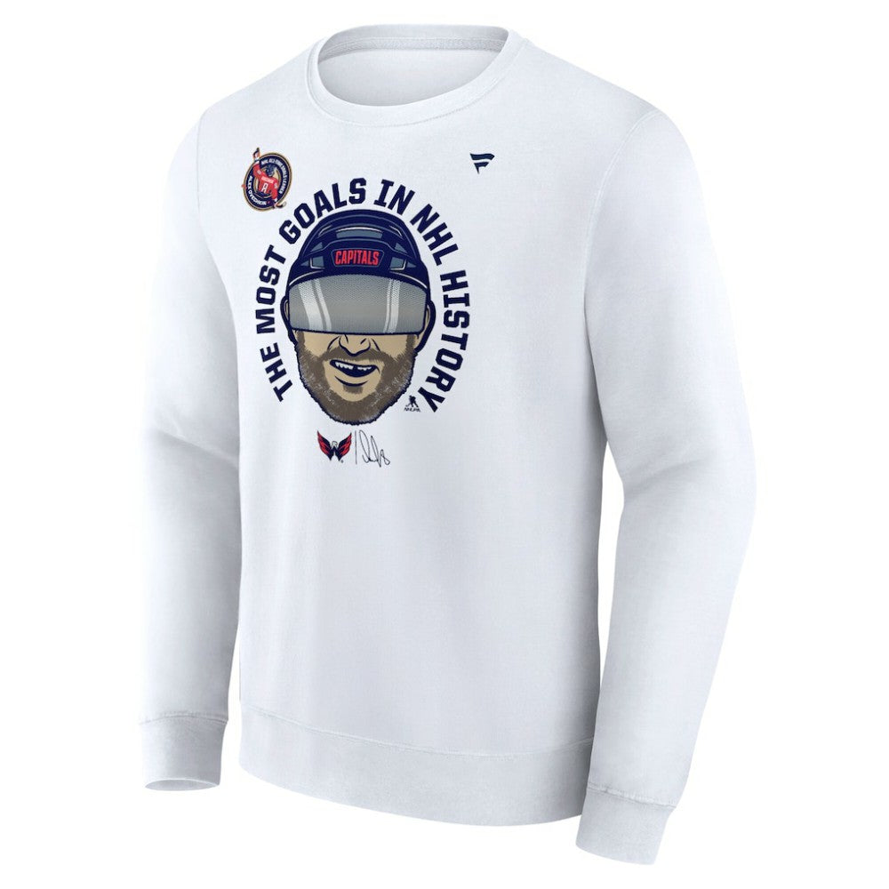 Alexander Ovechkin Washington Capitals Fanatics NHL All-Time Leading Goal Scorer GR8 Caricature Fleece Pullover Sweatshirt - White Sweatshirts