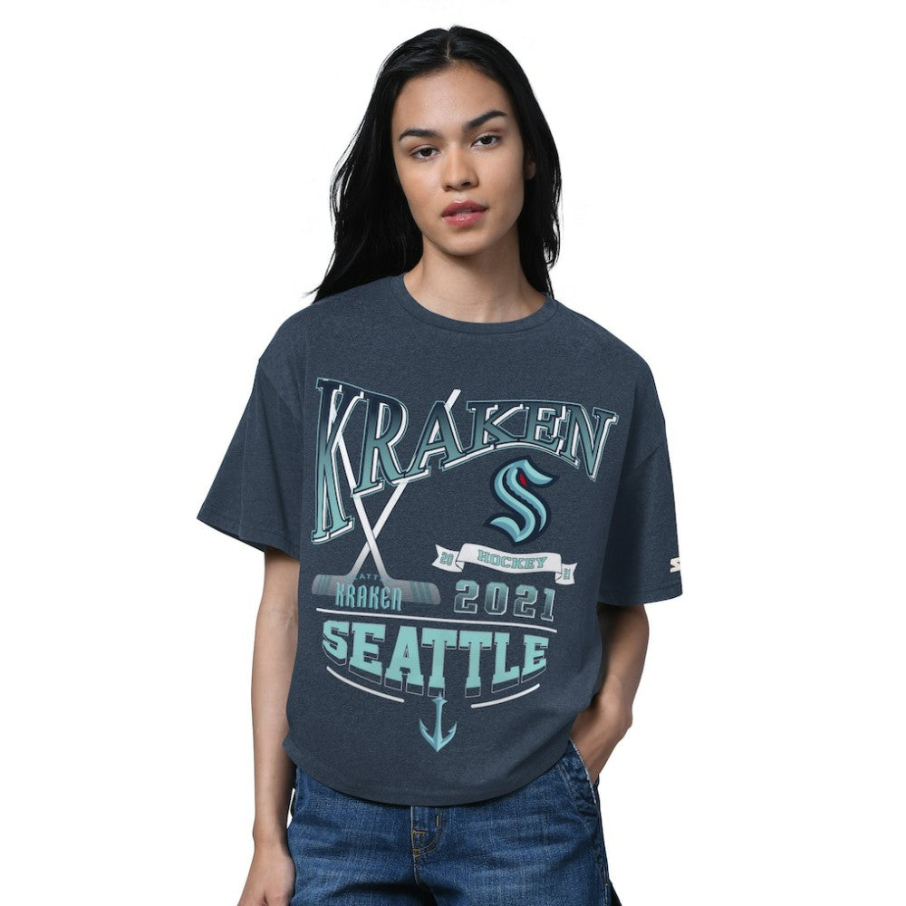Seattle Kraken Starter Women's Oversized Hall of Fame T-Shirt - Heather Deep Sea Blue T-shirts