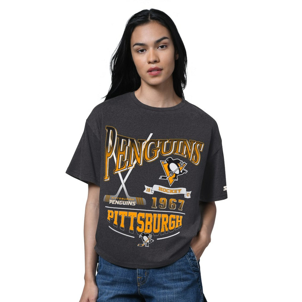 Pittsburgh Penguins Starter Women's Oversized Hall of Fame T-Shirt - Heather Black T-shirts