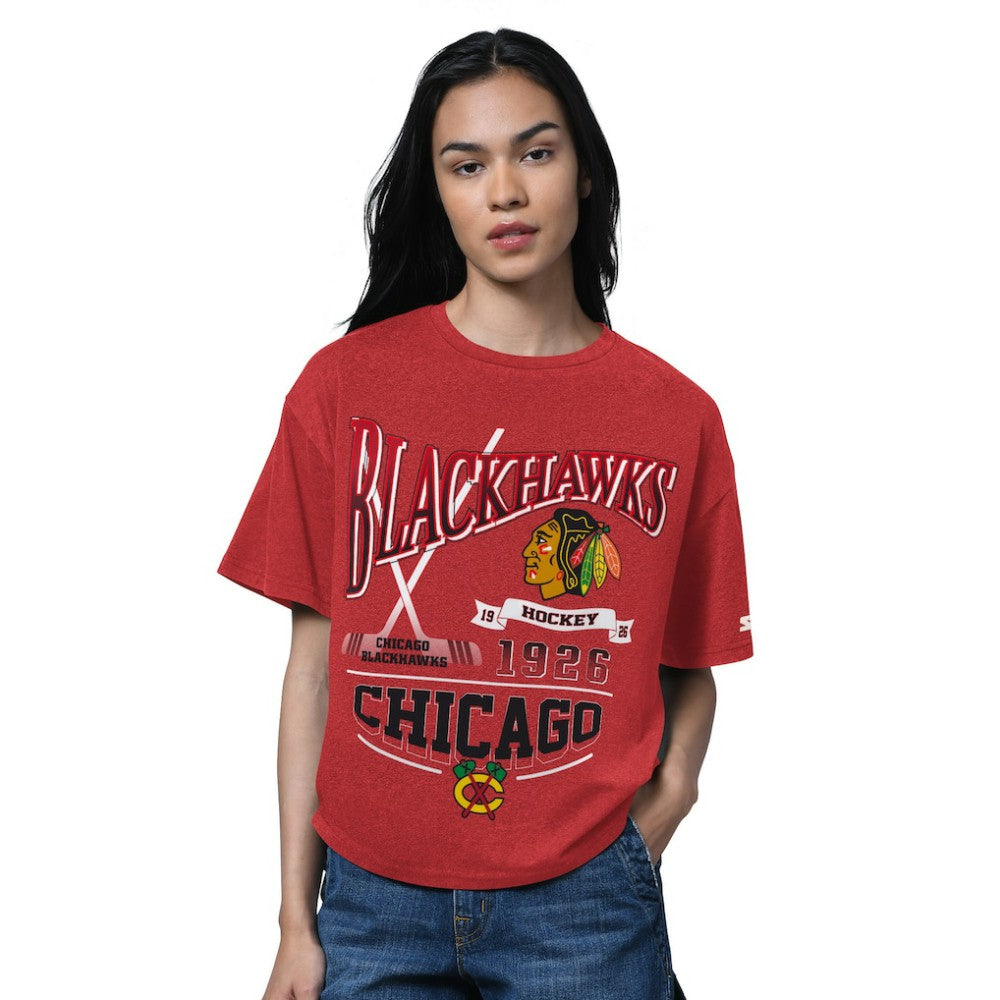 Chicago Blackhawks Starter Women's Oversized Hall of Fame T-Shirt - Heather Red T-shirts