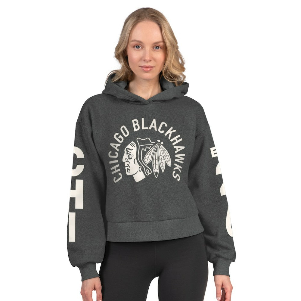 Chicago Blackhawks Starter Women's Star Player Cropped Fleece Hoodie - Heather Charcoal Hoodies