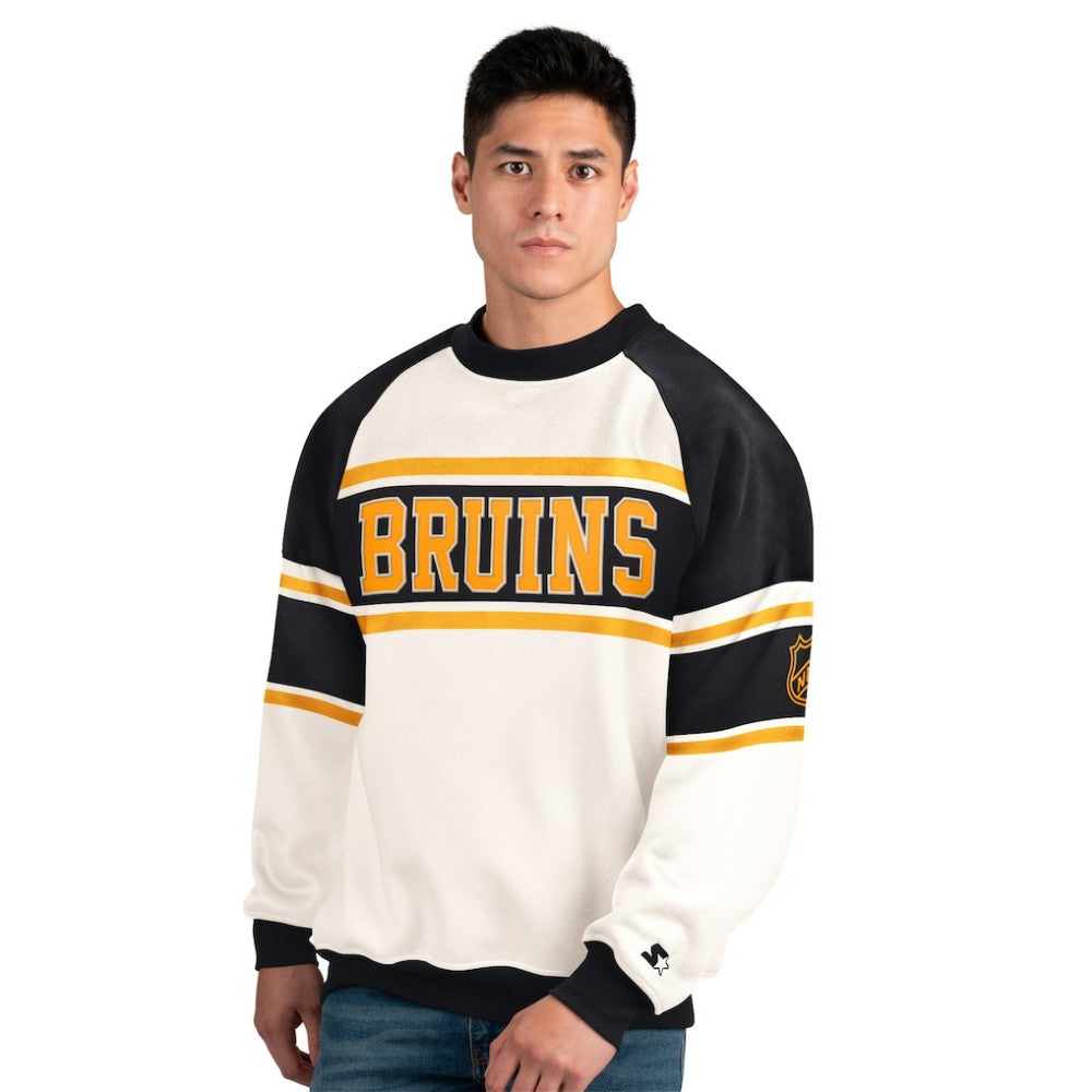 Boston Bruins Starter Male Adult Defense Fleece Crewneck Sweatshirt - White Sweatshirts
