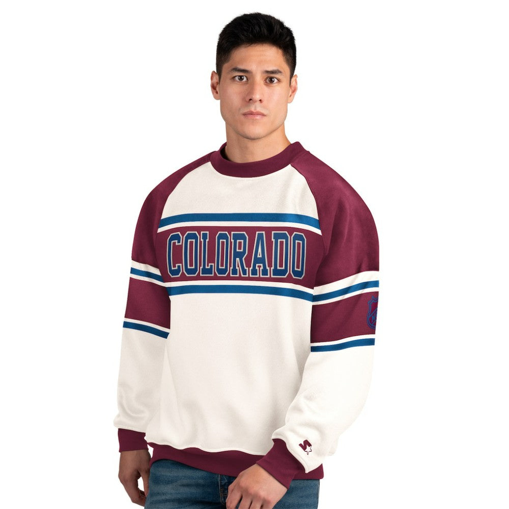 Colorado Avalanche Starter Male Adult Defense Fleece Crewneck Sweatshirt - White Sweatshirts