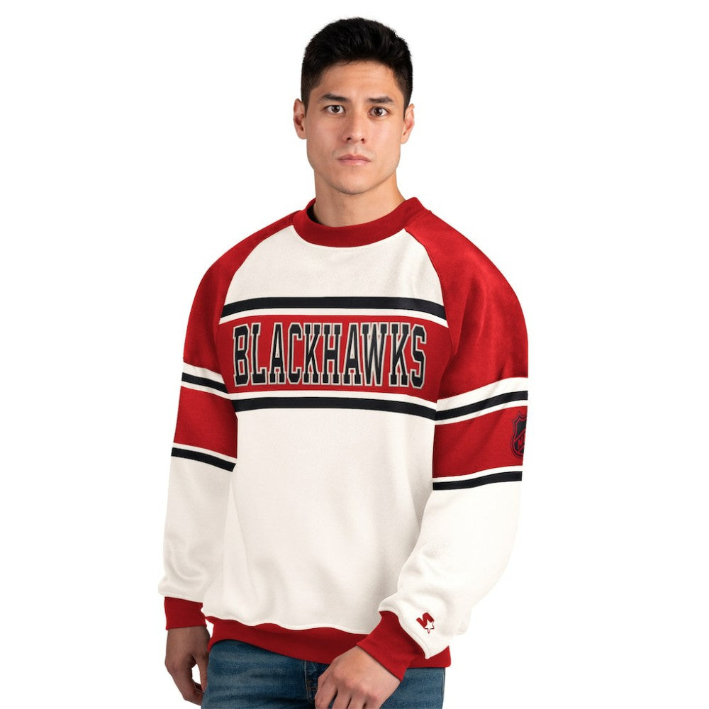 Chicago Blackhawks Starter Male Adult Defense Fleece Crewneck Sweatshirt - White Sweatshirts