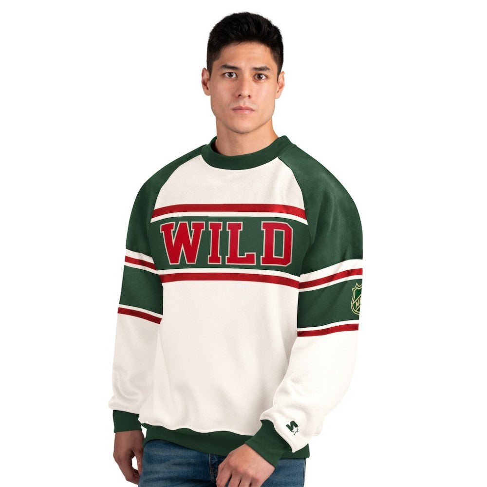 Minnesota Wild Starter Male Adult Defense Fleece Crewneck Sweatshirt - White Sweatshirts