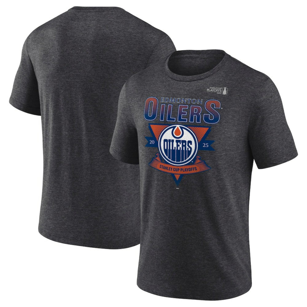 Edmonton Oilers Fanatics 2025 Stanley Cup Playoffs Crossbar Tri-Blend T-Shirt - Heather Charcoal T-shirts