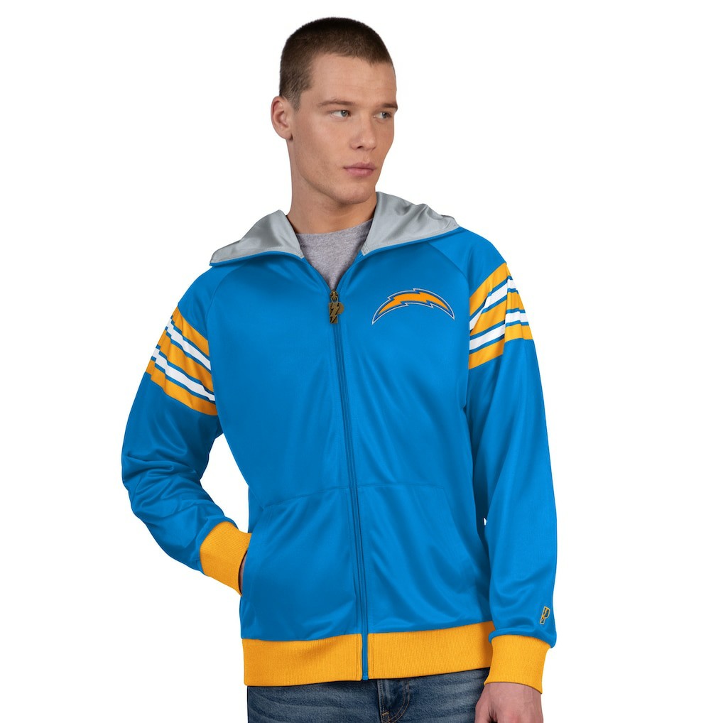 Los Angeles Chargers Pro Player Helmet Full-Zip Hooded Track Jacket - Powder Blue/White on sale