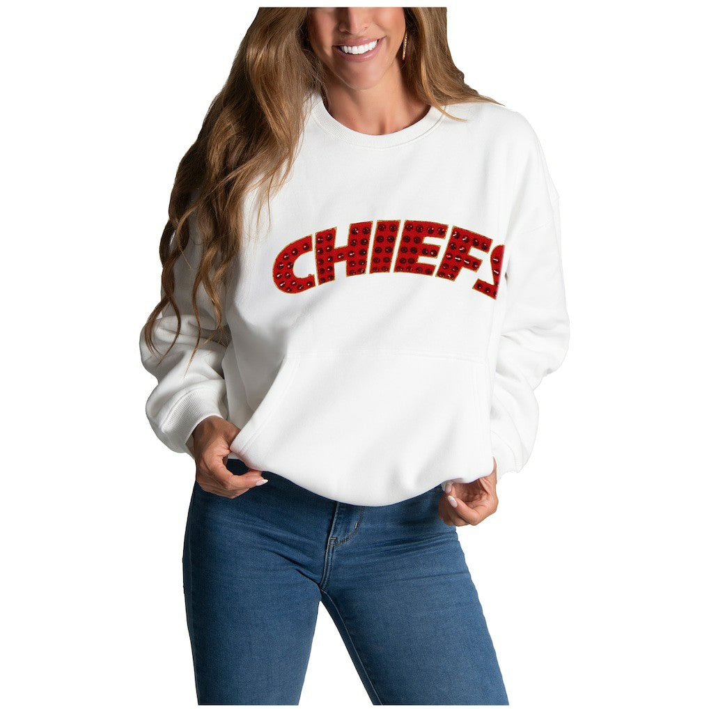 Kansas City Chiefs Cuce Women's Chenille Jeweled Sweatshirt - White on sale