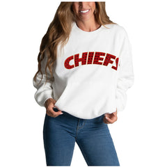 Kansas City Chiefs Cuce Women's Chenille Jeweled Sweatshirt - White on sale