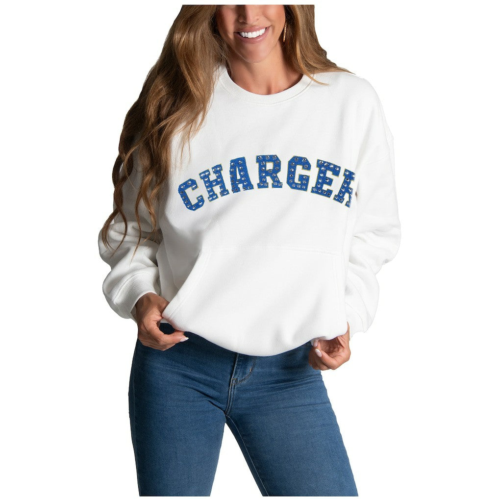 Los Angeles Chargers Cuce Women's Chenille Jeweled Sweatshirt - White sale