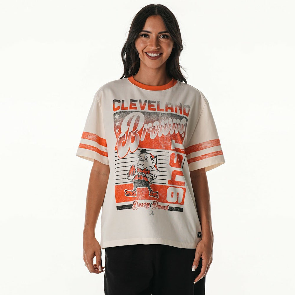 Cleveland Browns The Wild Collective Women's Vintage Drop Shoulder Oversized Boyfriend T-Shirt - Cream on sale