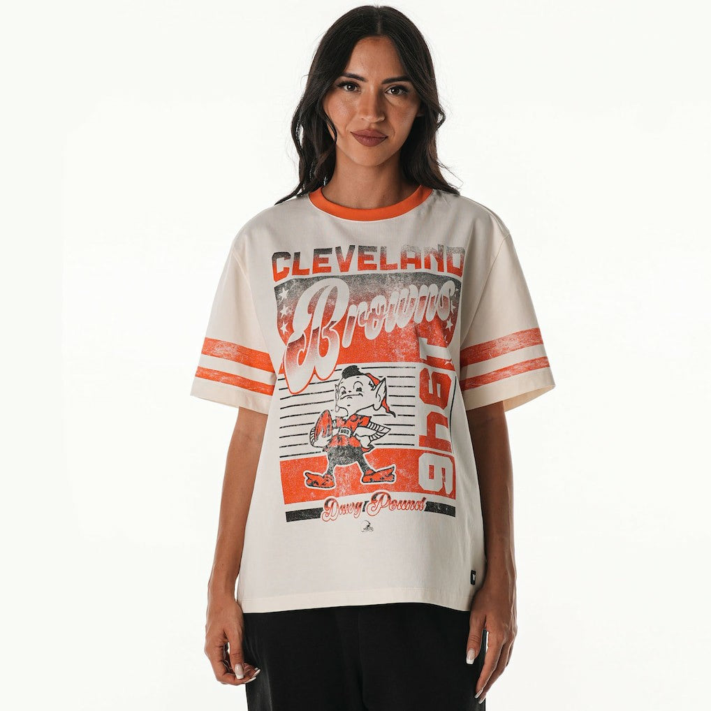 Cleveland Browns The Wild Collective Women's Vintage Drop Shoulder Oversized Boyfriend T-Shirt - Cream on sale