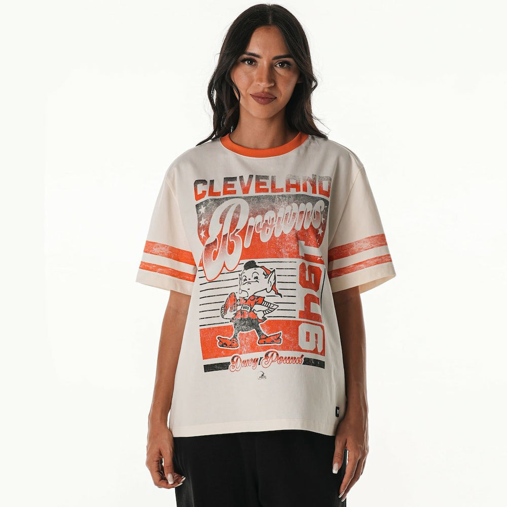Cleveland Browns The Wild Collective Women's Vintage Drop Shoulder Oversized Boyfriend T-Shirt - Cream on sale