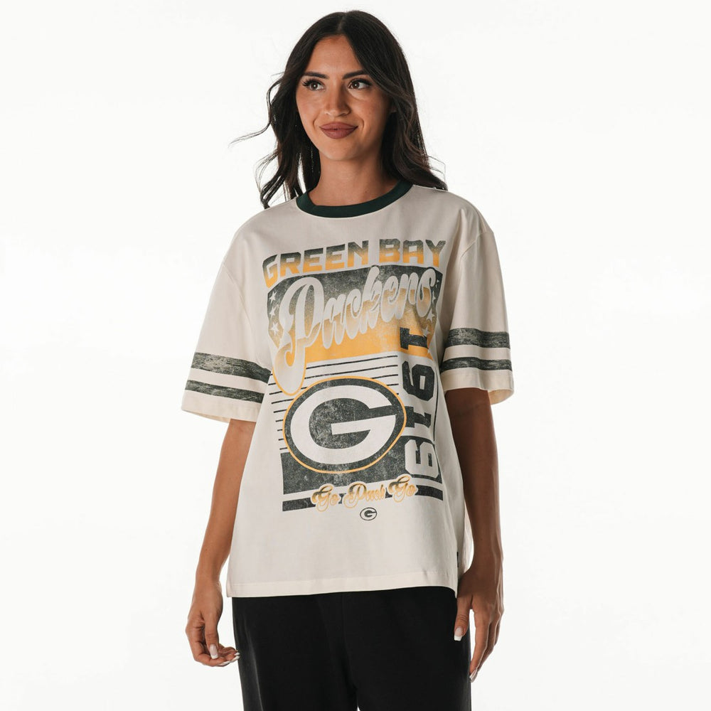Green Bay Packers The Wild Collective Women's Vintage Drop Shoulder Oversized Boyfriend T-Shirt - Cream discount