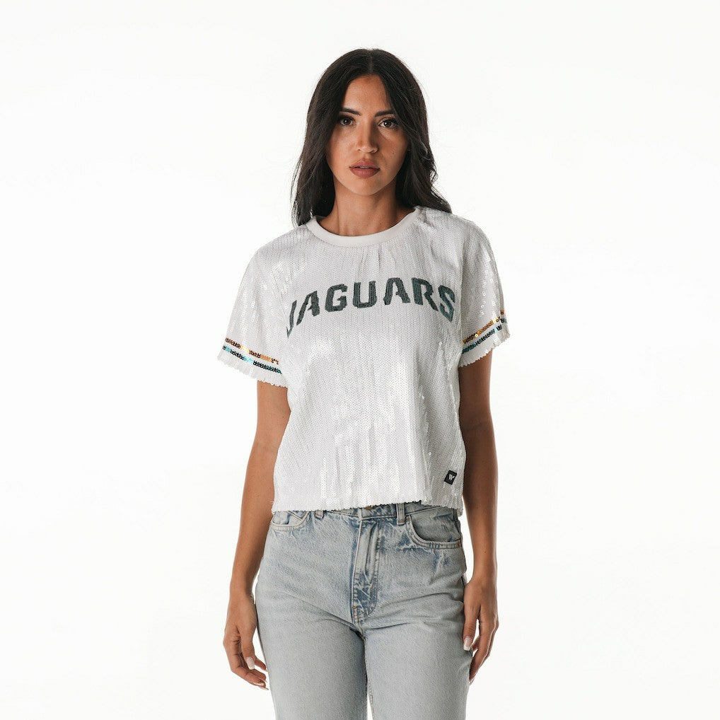 Jacksonville Jaguars The Wild Collective Women's Rhinestone Sequin Cropped T-Shirt - White on sale