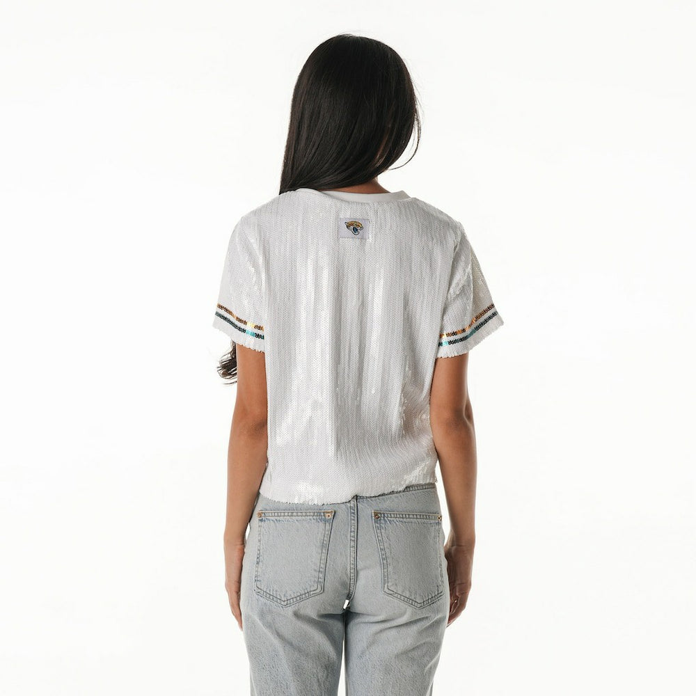 Jacksonville Jaguars The Wild Collective Women's Rhinestone Sequin Cropped T-Shirt - White on sale