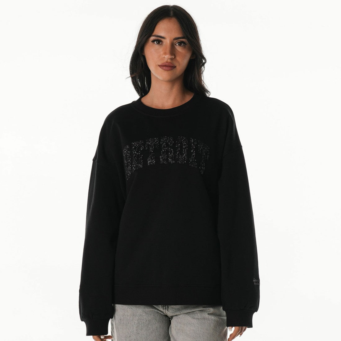 Detroit Lions The Wild Collective Women's Rock Crystal Oversized Crewneck Sweatshirt - Black on sale