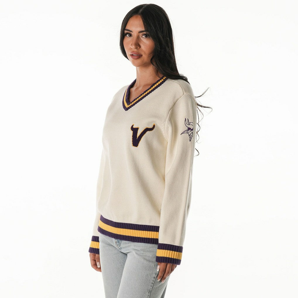 Minnesota Vikings The Wild Collective Women's Jacquard V-Neck Sweater - Cream discount