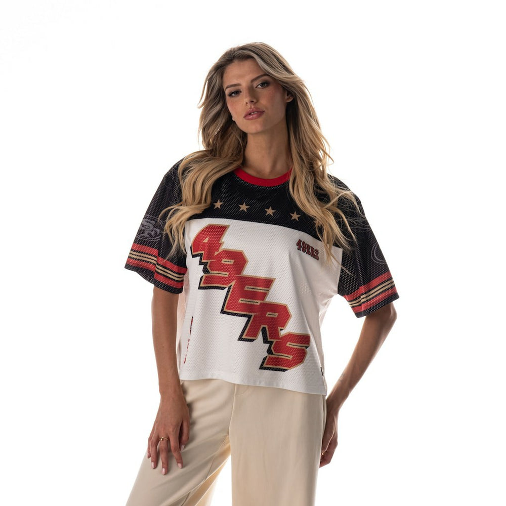 San Francisco 49ers The Wild Collective Women's Boxy Cropped Mesh T-Shirt - White discount