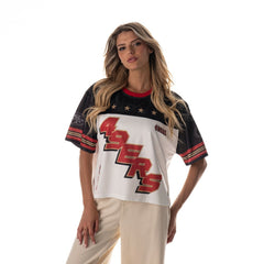San Francisco 49ers The Wild Collective Women's Boxy Cropped Mesh T-Shirt - White discount