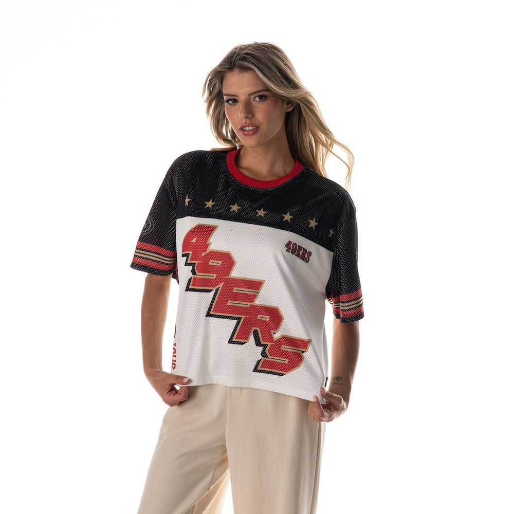 San Francisco 49ers The Wild Collective Women's Boxy Cropped Mesh T-Shirt - White discount
