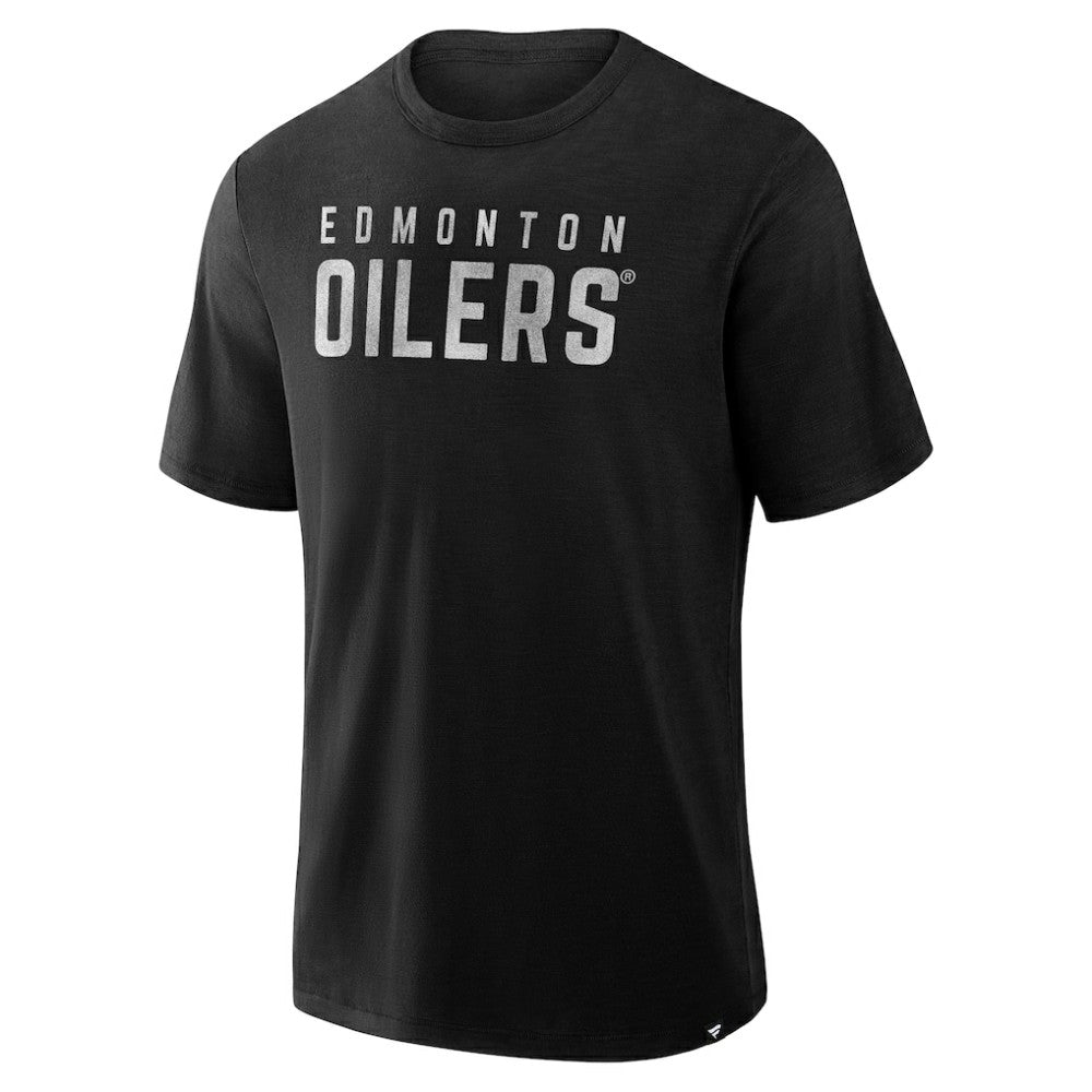 Edmonton Oilers Fanatics Play Distressed Wordmark Stadium Slub T-Shirt - Black T-shirts