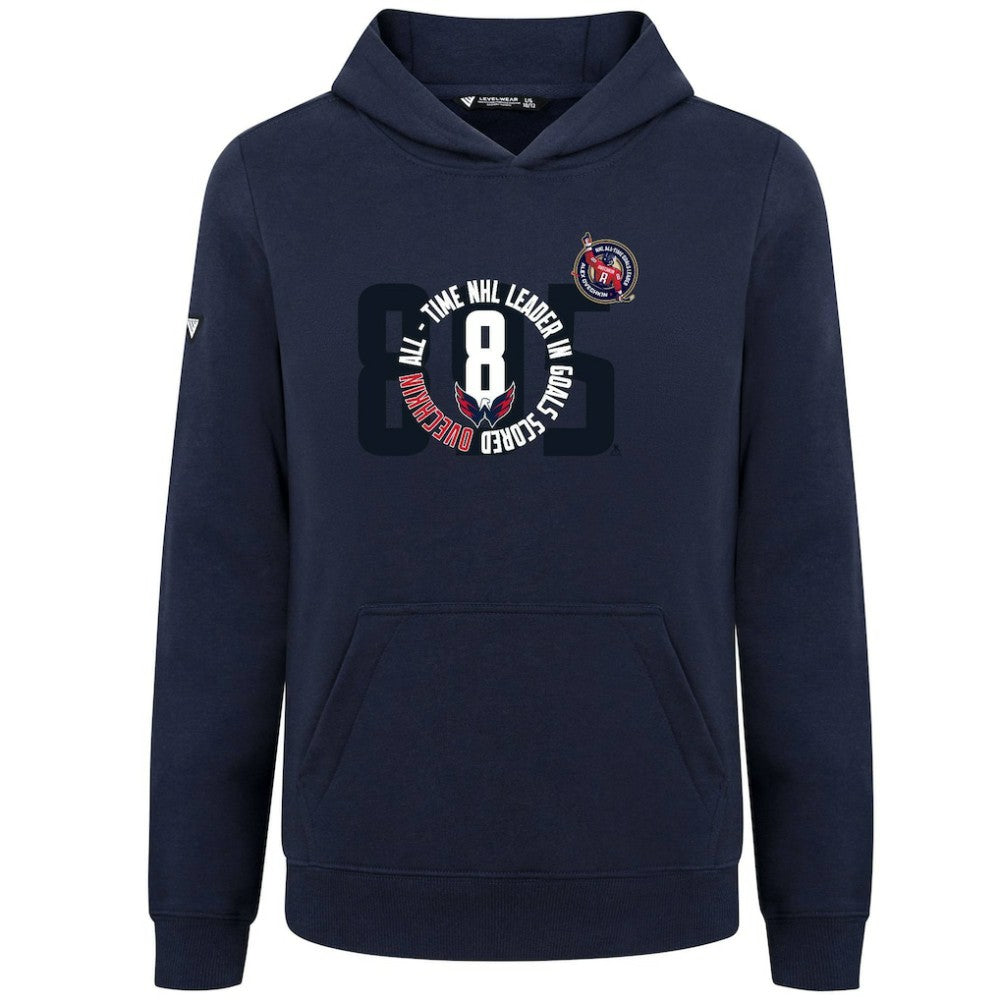 Alexander Ovechkin Washington Capitals Levelwear Youth NHL All-Time Leading Goal Scorer Milestone Name & Number Podium Pullover Hoodie - Navy Hoodies