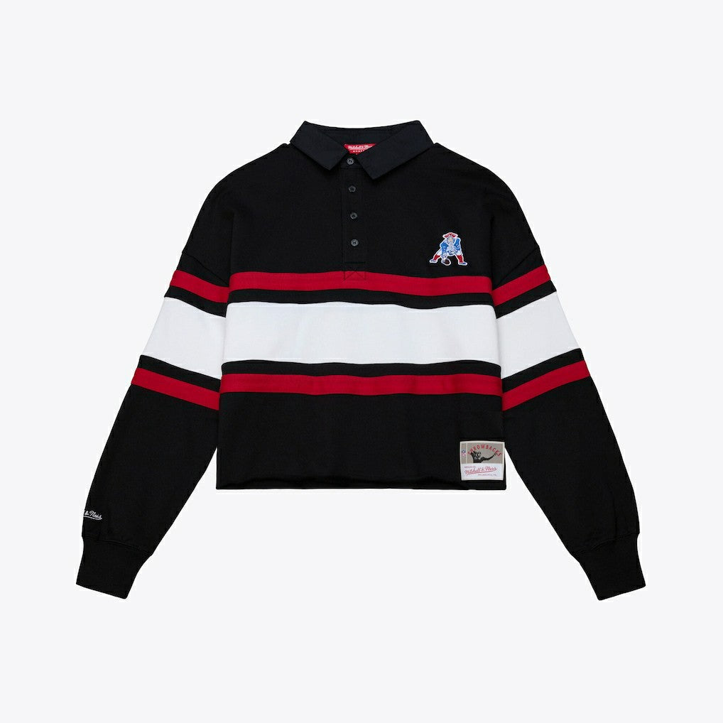 New England Patriots Women's Throwback Cropped Long Sleeve Rugby Polo - Black for sale