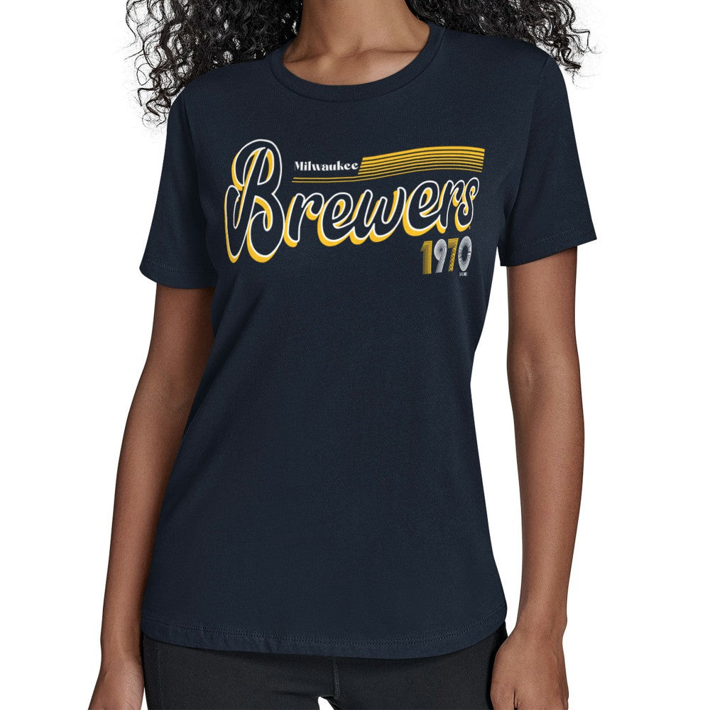 Milwaukee Brewers Starter Women's Groovy Script Team Fitted T-Shirt Navy