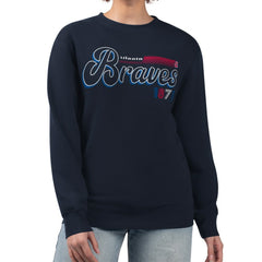 Atlanta Braves Starter Women's Groovy Script Team Fleece Pullover Sweatshirt Navy