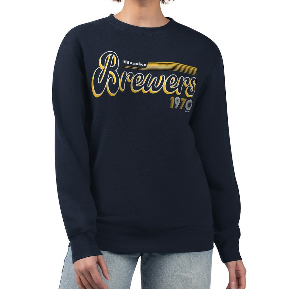 Milwaukee Brewers Starter Women's Groovy Script Team Fleece Pullover Sweatshirt Navy