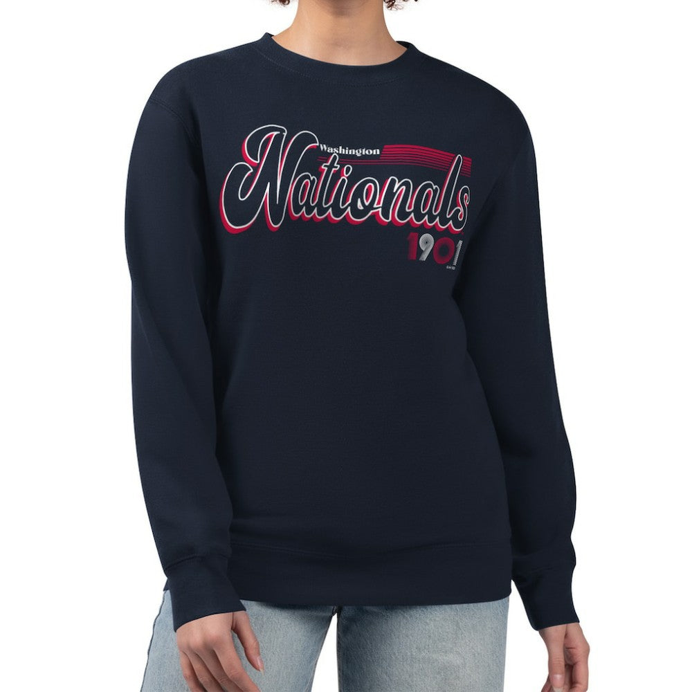 Washington Nationals Starter Women's Groovy Script Team Fleece Pullover Sweatshirt Navy