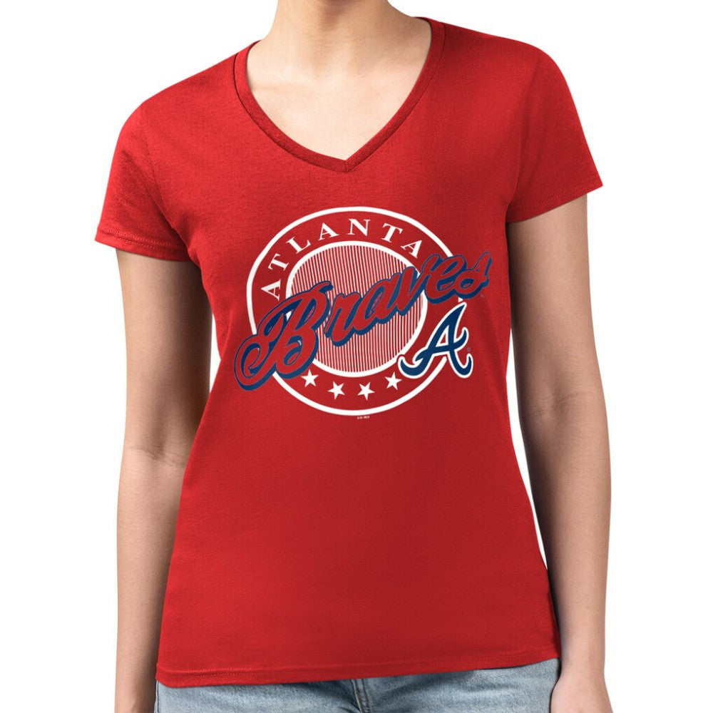 Atlanta Braves G-III 4Her by Carl Banks Women's Super-Slim Fit Lightweight Pinstripe Circle V-Neck T-Shirt Red