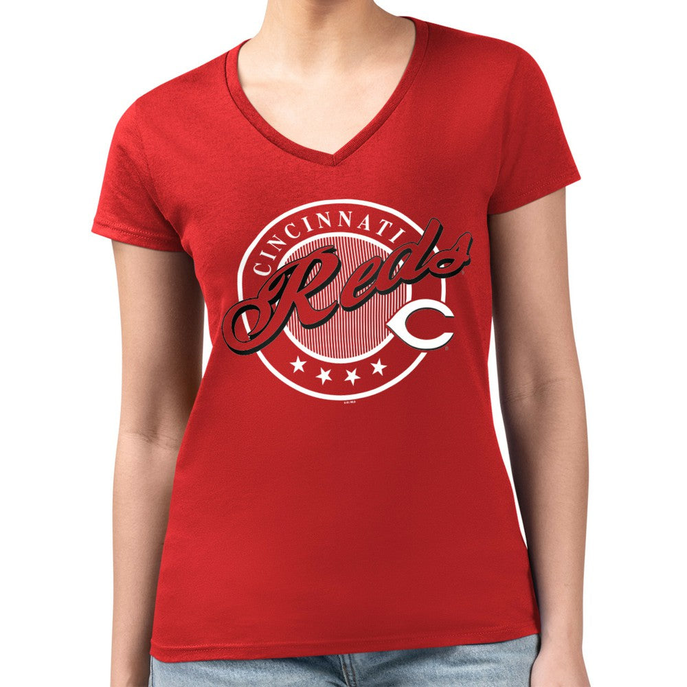 Cincinnati Reds G-III 4Her by Carl Banks Women's Super-Slim Fit Lightweight Pinstripe Circle V-Neck T-Shirt Red