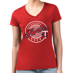 Minnesota Twins G-III 4Her by Carl Banks Women's Super-Slim Fit Lightweight Pinstripe Circle V-Neck T-Shirt Red