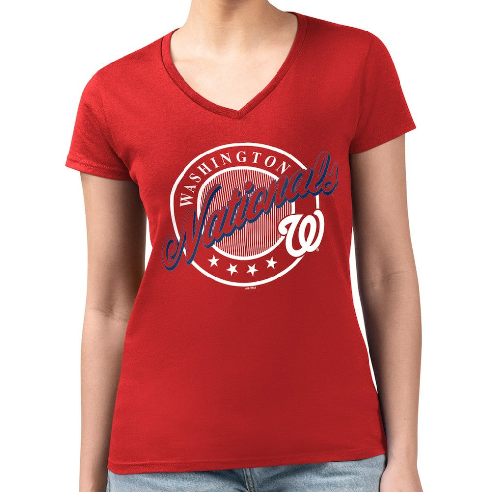 Washington Nationals G-III 4Her by Carl Banks Women's Super-Slim Fit Lightweight Pinstripe Circle V-Neck T-Shirt Red