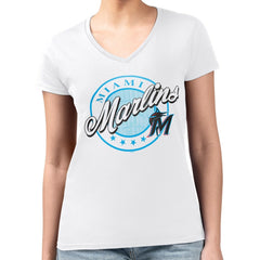 Miami Marlins G-III 4Her by Carl Banks Women's Super-Slim Fit Lightweight Pinstripe Circle V-Neck T-Shirt White