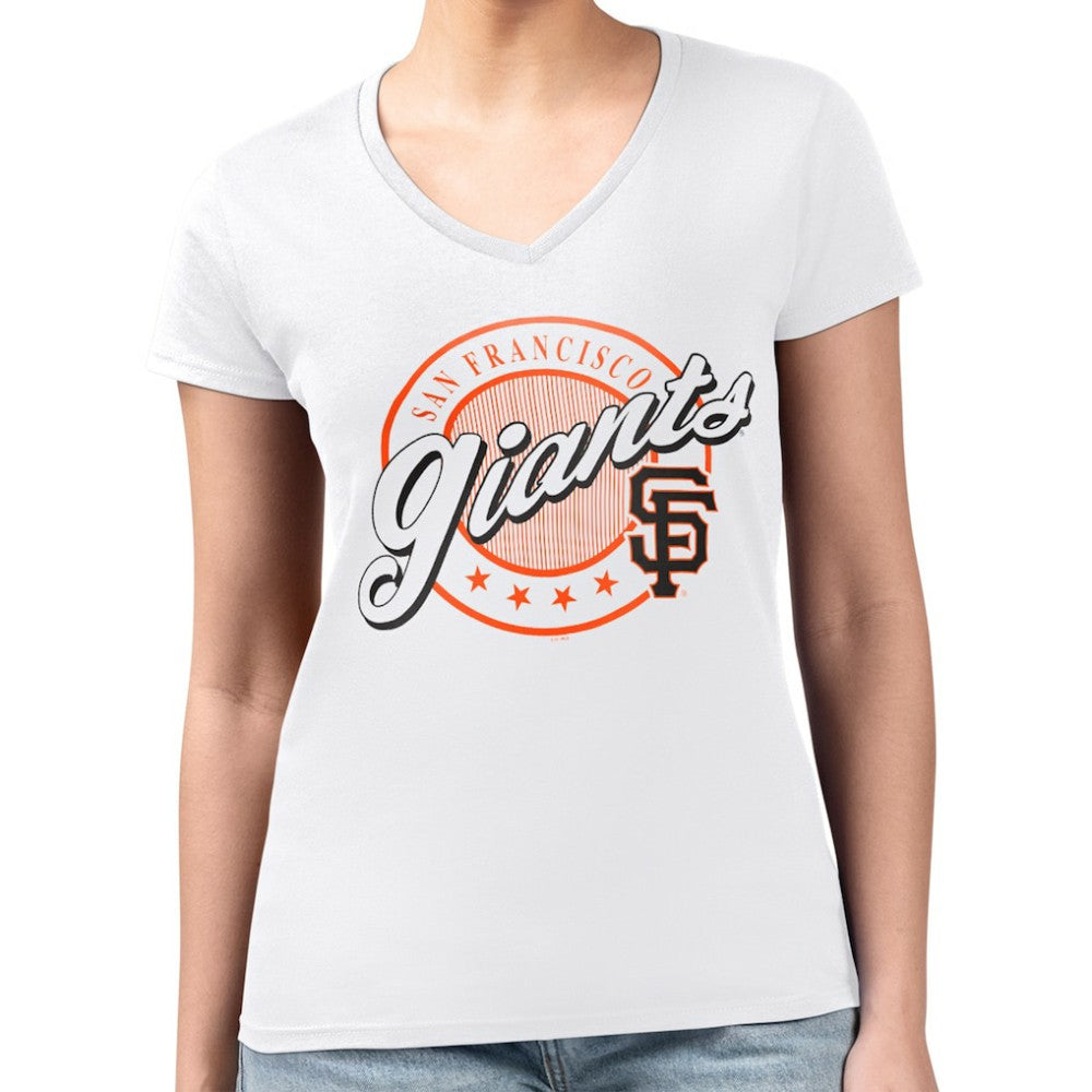 San Francisco Giants G-III 4Her by Carl Banks Women's Super-Slim Fit Lightweight Pinstripe Circle V-Neck T-Shirt White