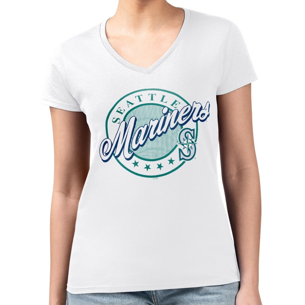 Seattle Mariners G-III 4Her by Carl Banks Women's Super-Slim Fit Lightweight Pinstripe Circle V-Neck T-Shirt White