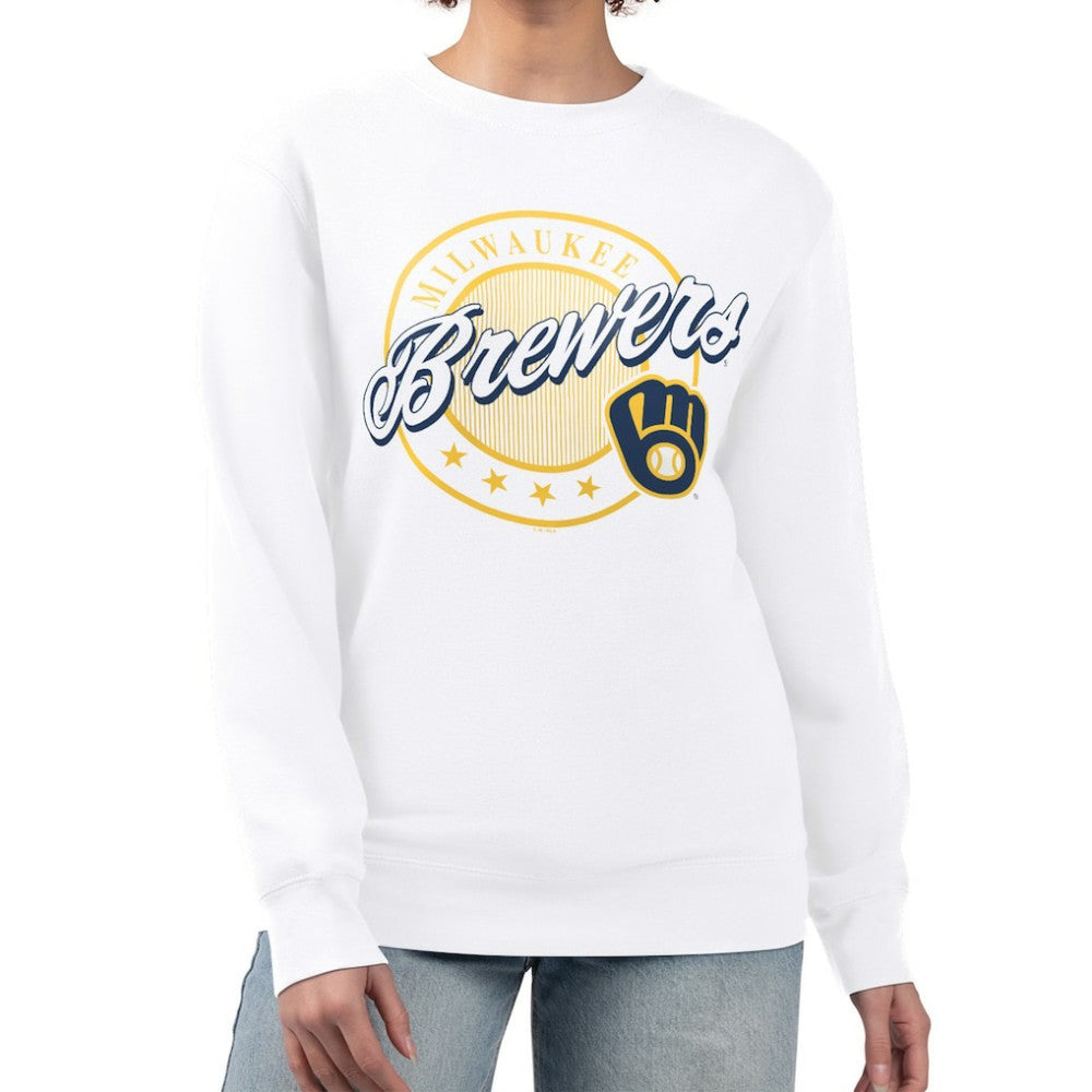 Milwaukee Brewers G-III 4Her by Carl Banks Women's Pinstripe Circle Team Fleece Pullover Sweatshirt White